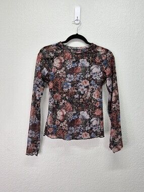 Dealmore Floral Mesh Mock Neck Long Sleeve Top with Lettuce Edge Trim Small
